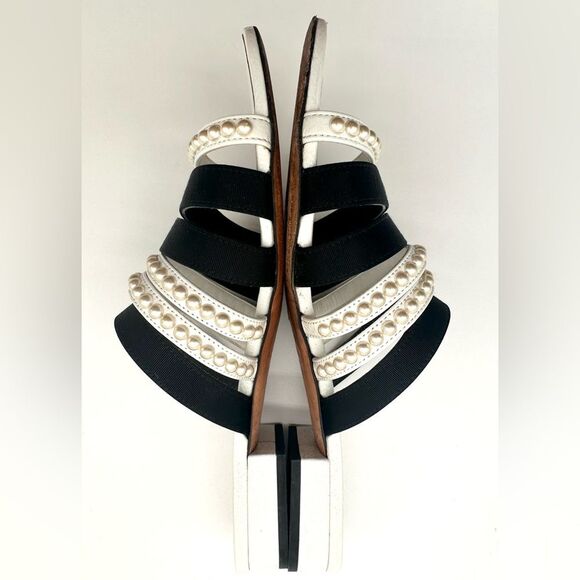 Chanel CC Logo Grosgrain Leather Pearl Straps Mules Sandals White/Black EU 38.5 - Picture 5 of 11